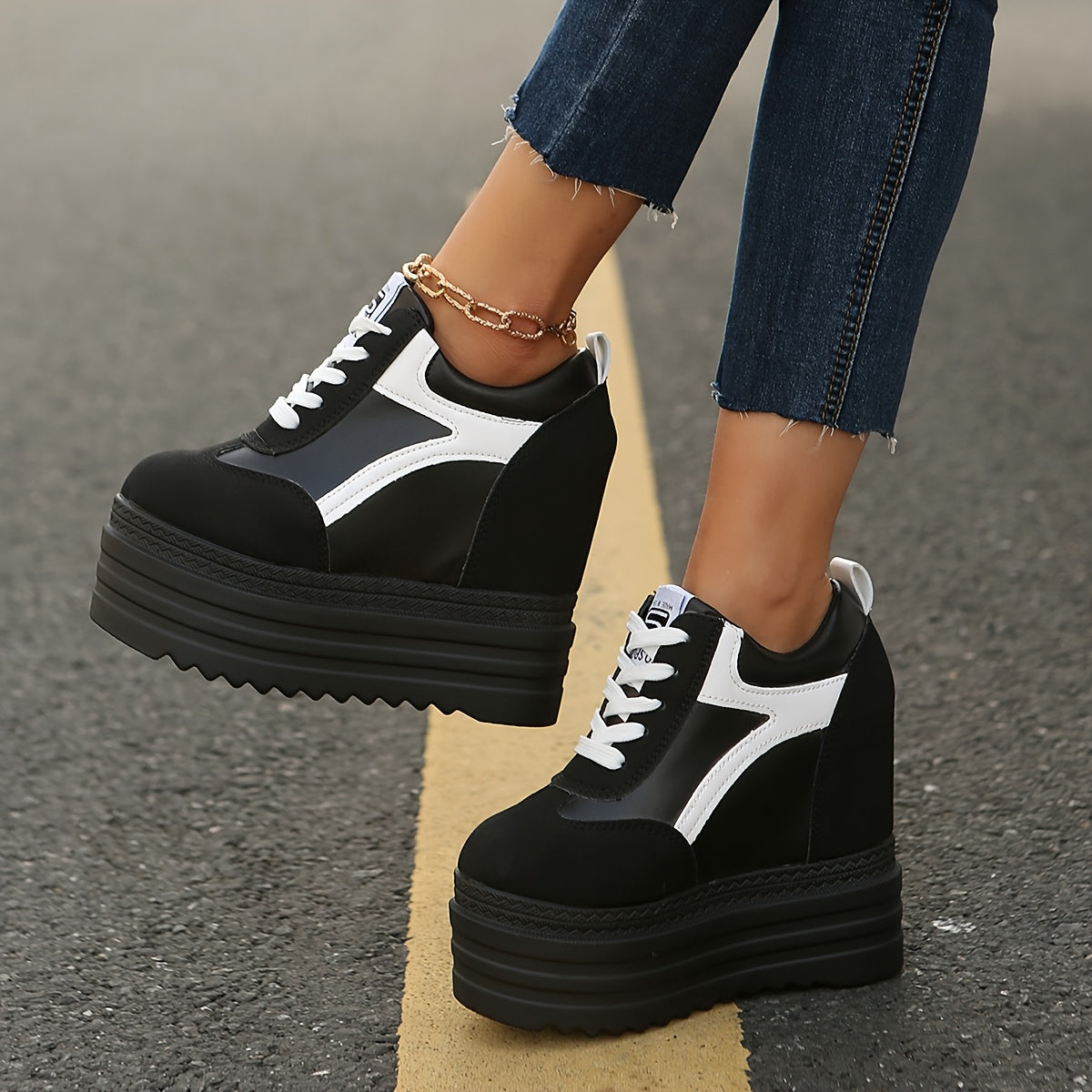 Women's Fashion Sneakers, Lace-Up, Color Block, Thick Platform, All Seasons