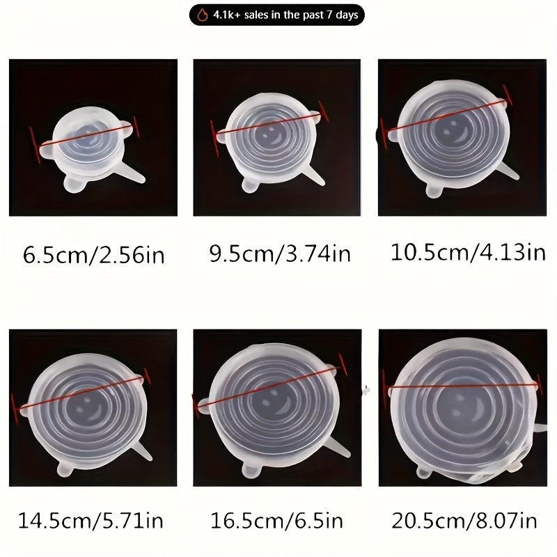 6 ta qayta ishlatiladigan silikon cho'ziladigan qopqoq to'plami - idishlar va plastinkalar uchun kuchli, oziq-ovqat xavfsiz qopqoq - idish-tovoqlarni saqlash uchun oshxona aksessuarlari, idish yuvish mashinasida va muzlatgichda xavfsiz.