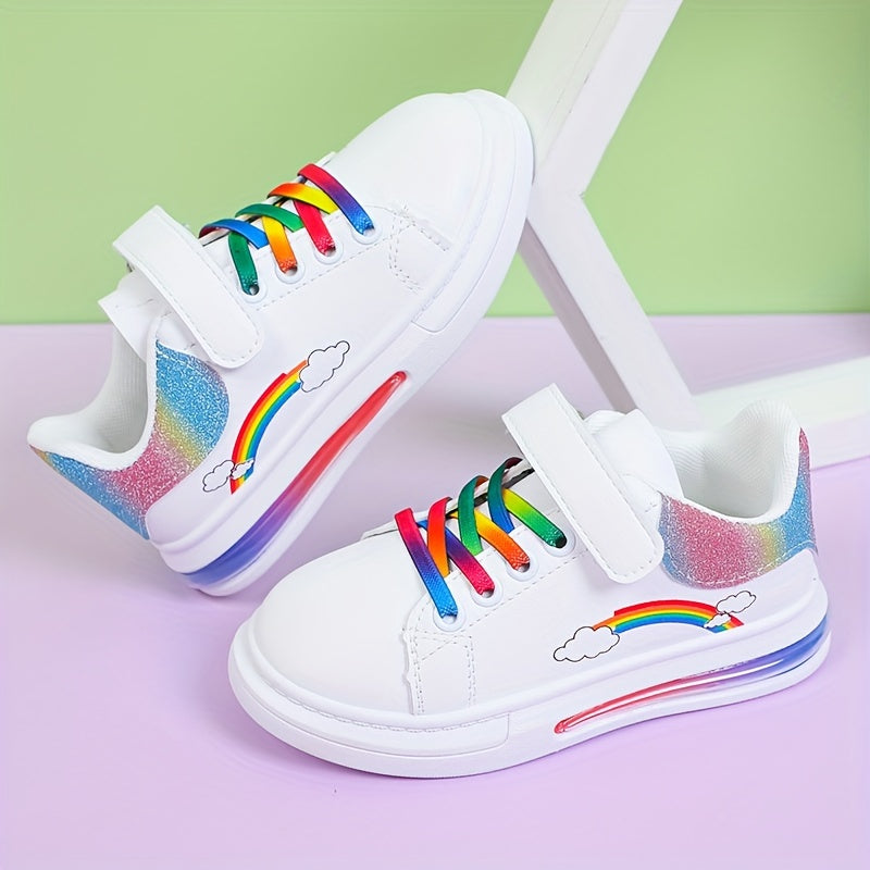 Girls Rainbow Sneakers White Low-Top Shoes with Cloud Pattern Breathable Comfortable Casual
