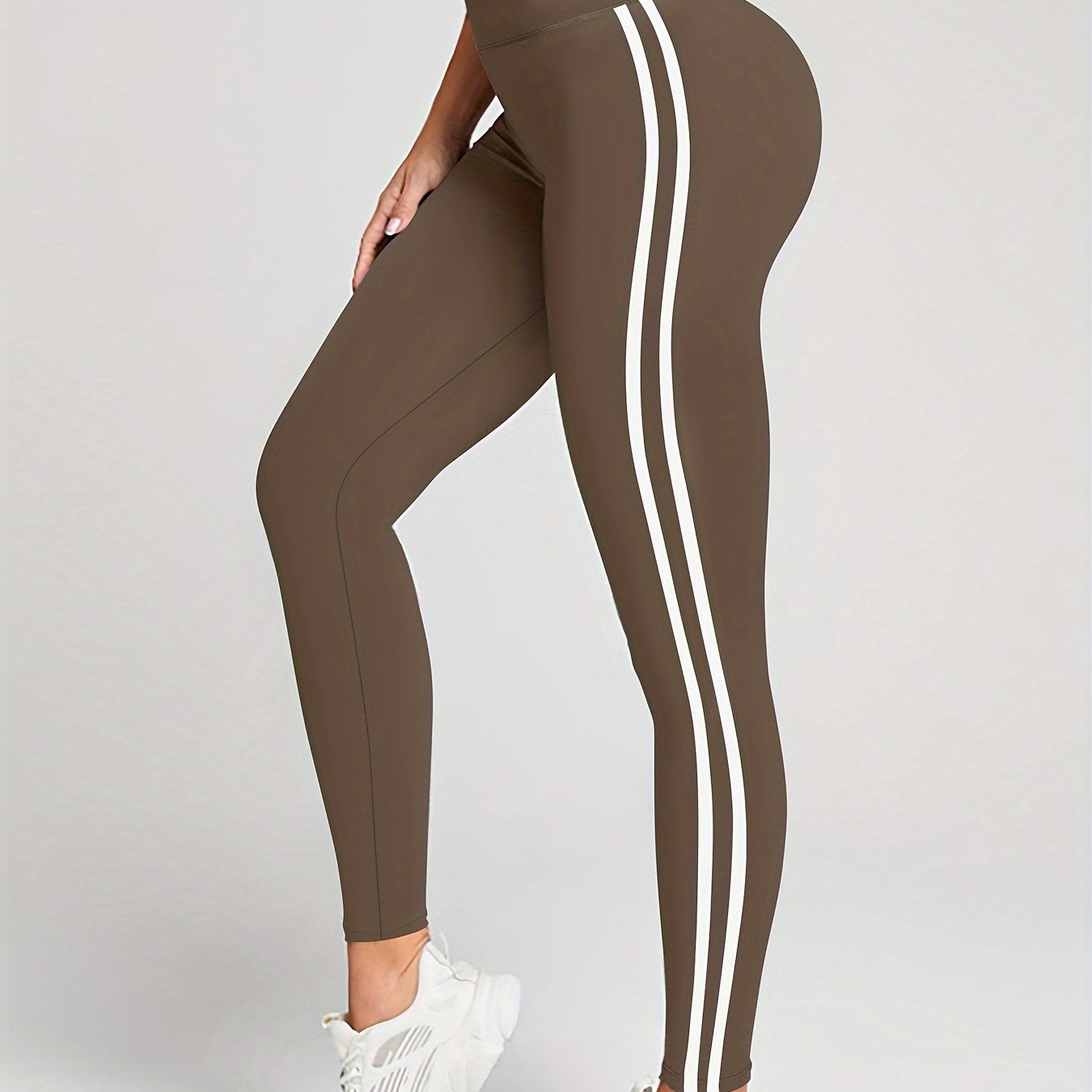 Plus Size Women's High Waist Running Leggings Polyester Spandex Stretchy Slim Fit Brown White