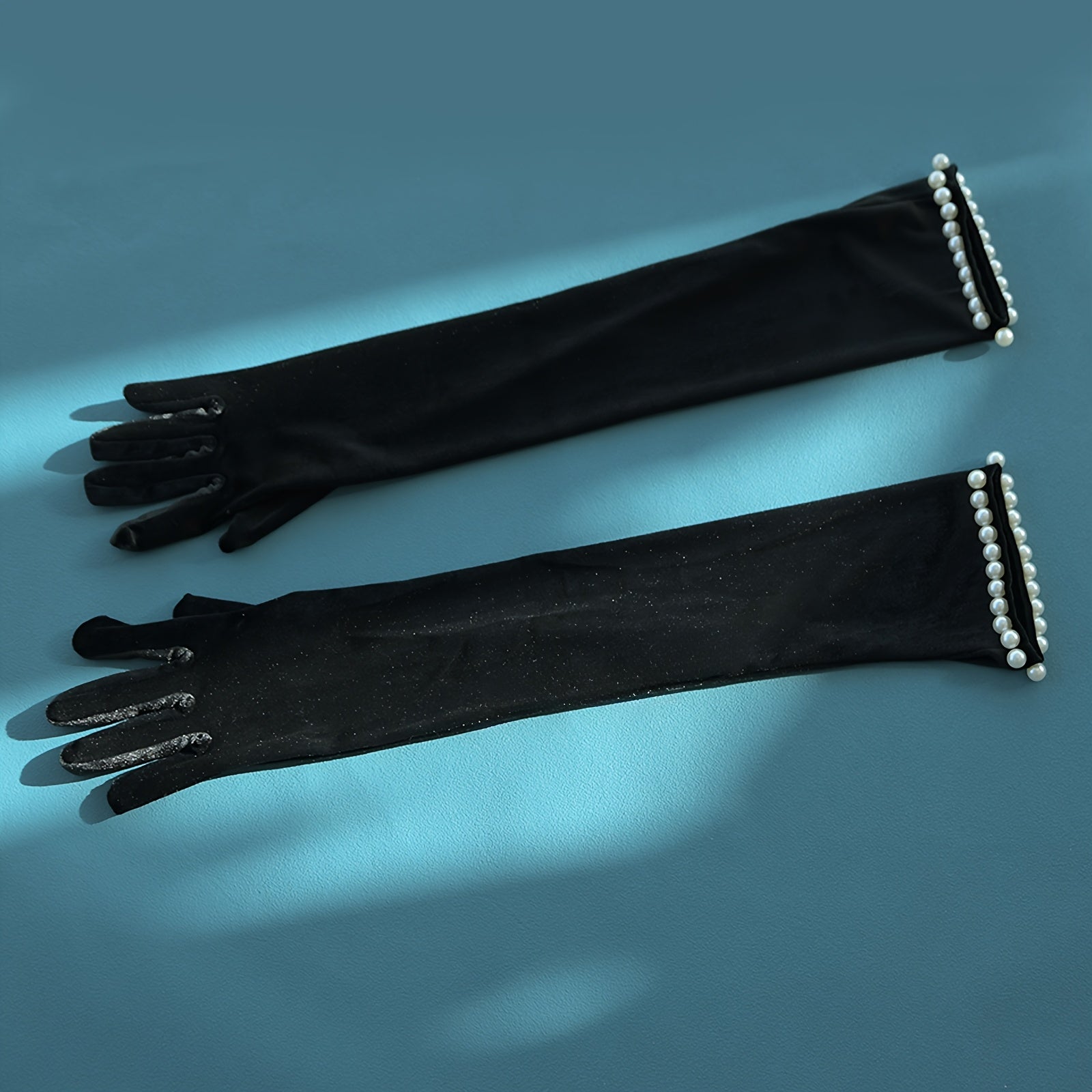 Black Long Fingerless Bridal Gloves with Pearl and Floral Embellishments for Weddings