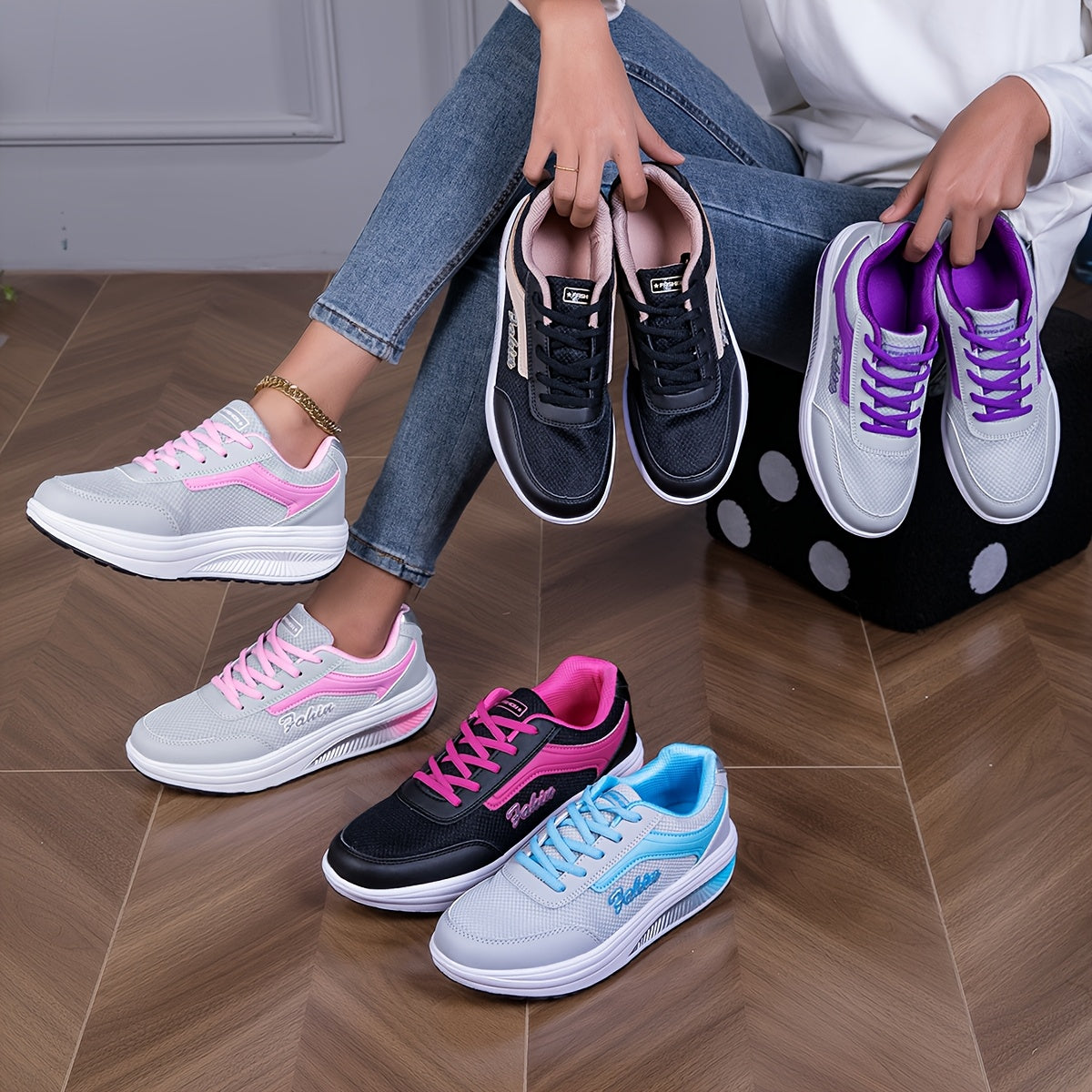 Women’s Breathable Mesh Casual Sneakers with Pink and White Design