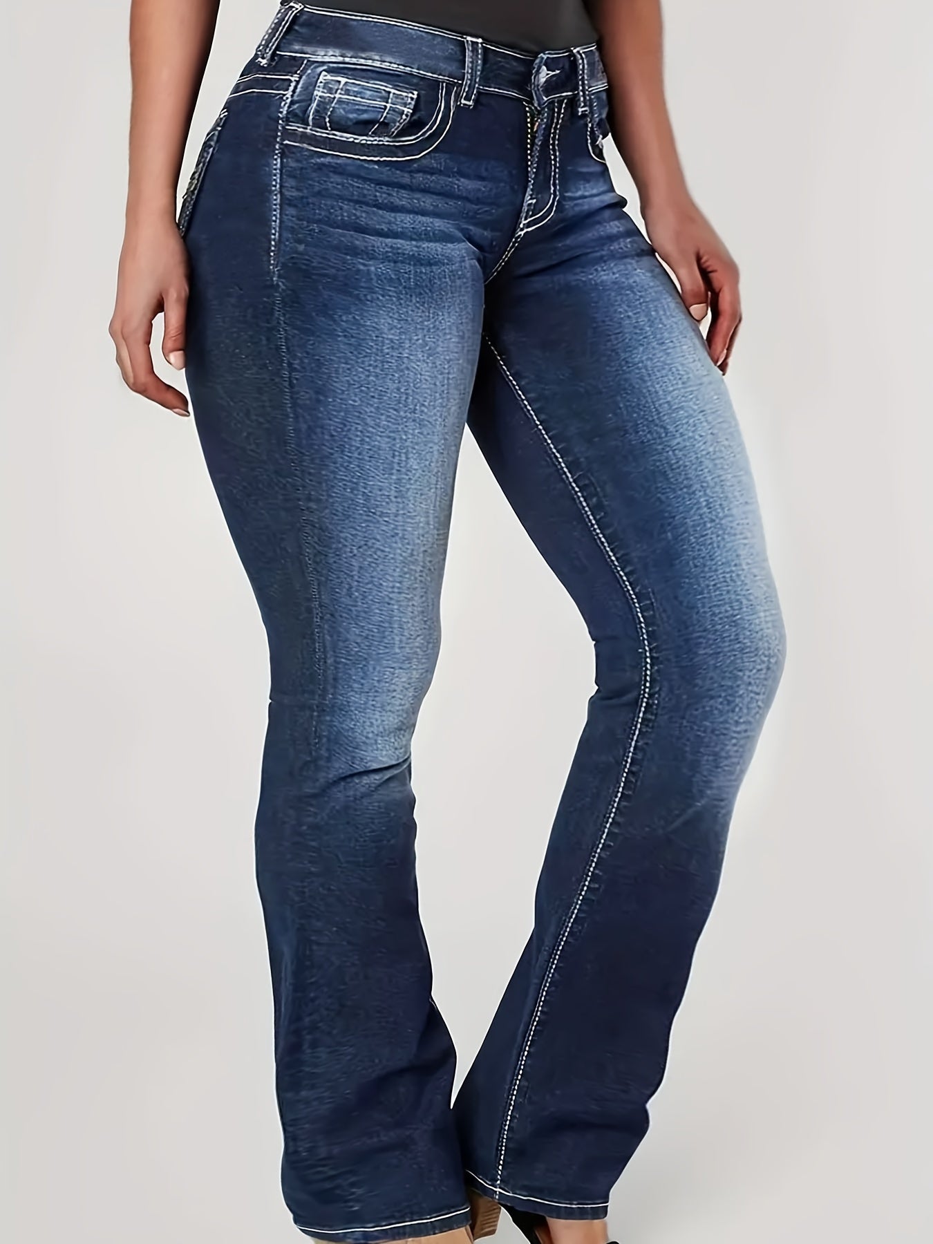 Plus Size High-Waist Bootcut Jeans with Embroidered Pockets Stretch Denim Blue