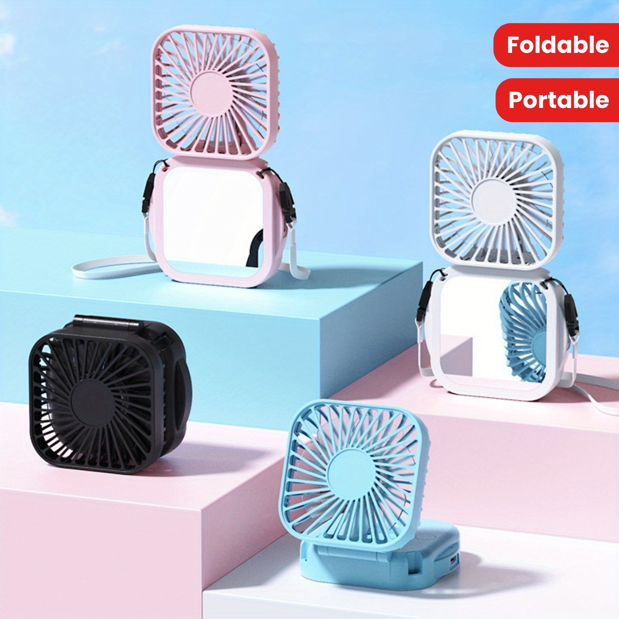 Mini Foldable Desktop Fan with Mirror, Handheld Portable Neck Fan, USB Rechargeable