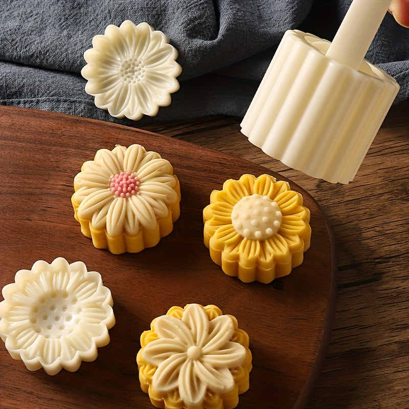 Flower Moon Cake Mold Set with 1 Mold and 4 Stamps for Mid Autumn Pastries