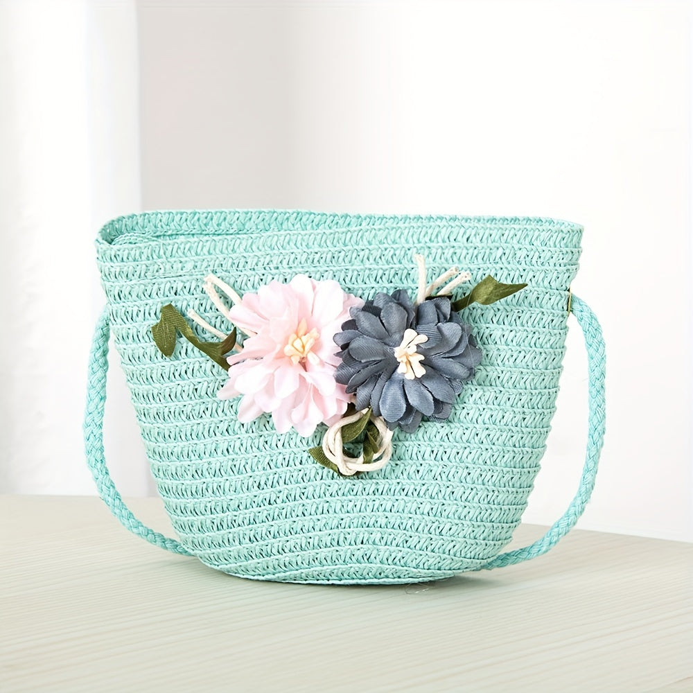 Girls' Straw Hat Set with Flower Decoration and UV Protection for Summer Beach Vacation