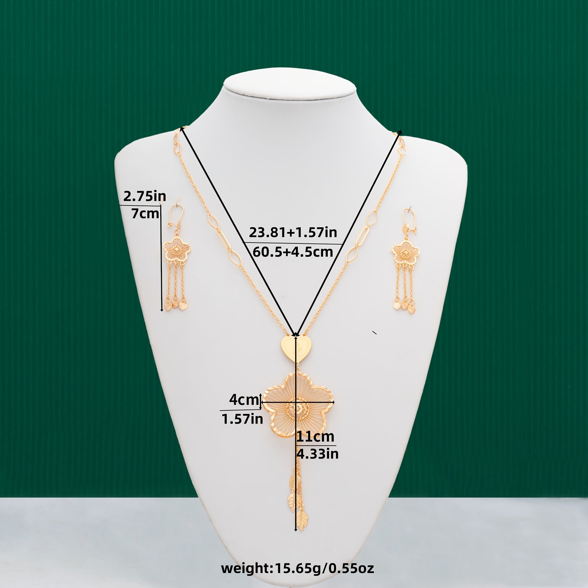 Jewelry Set 3-Piece Arabian Style Gold Flower Pendant Necklace Earrings for Ramadan Weddings Parties