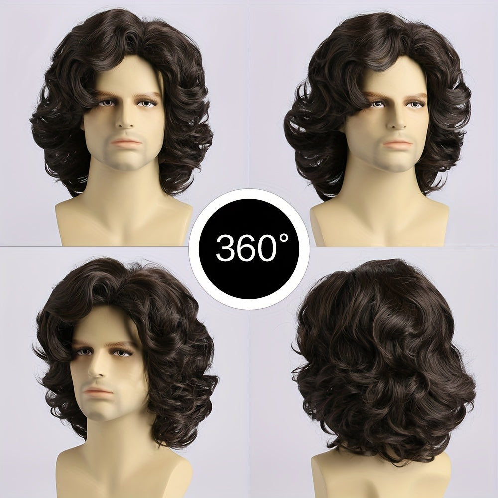 Men's Short Curly Deep Brown Wig 35.56cm Heat Resistant Synthetic for Daily Wear and Parties