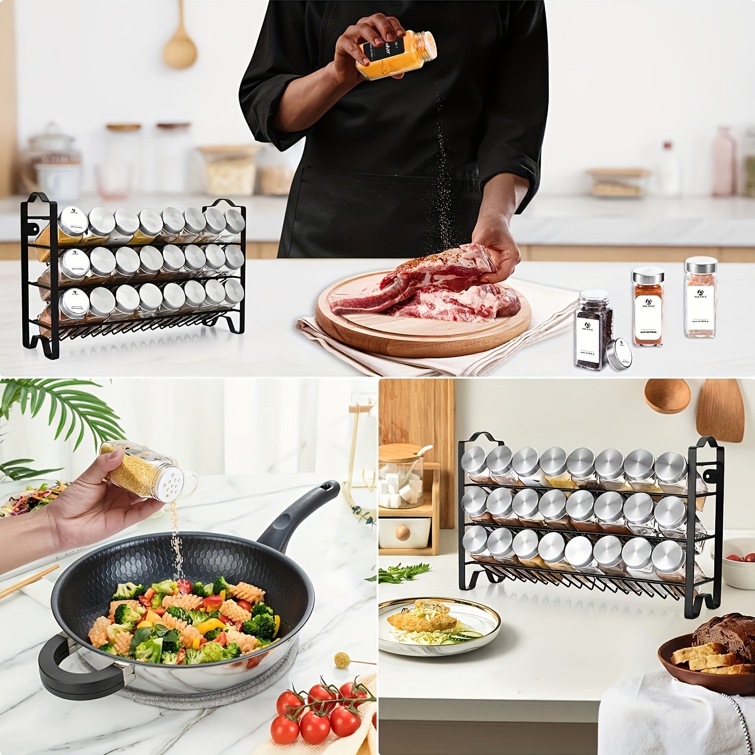 24 ta shisha ziravorlar idishlari to'plami, qavatli stolda saqlash tokchasi bilan, zanglamaydigan po'latdan yasalgan quvur, yorliq yasovchi, cho'tka, ruchka va mixlar bilan birga - uy va tijorat oshxonalariga mo'ljallangan.