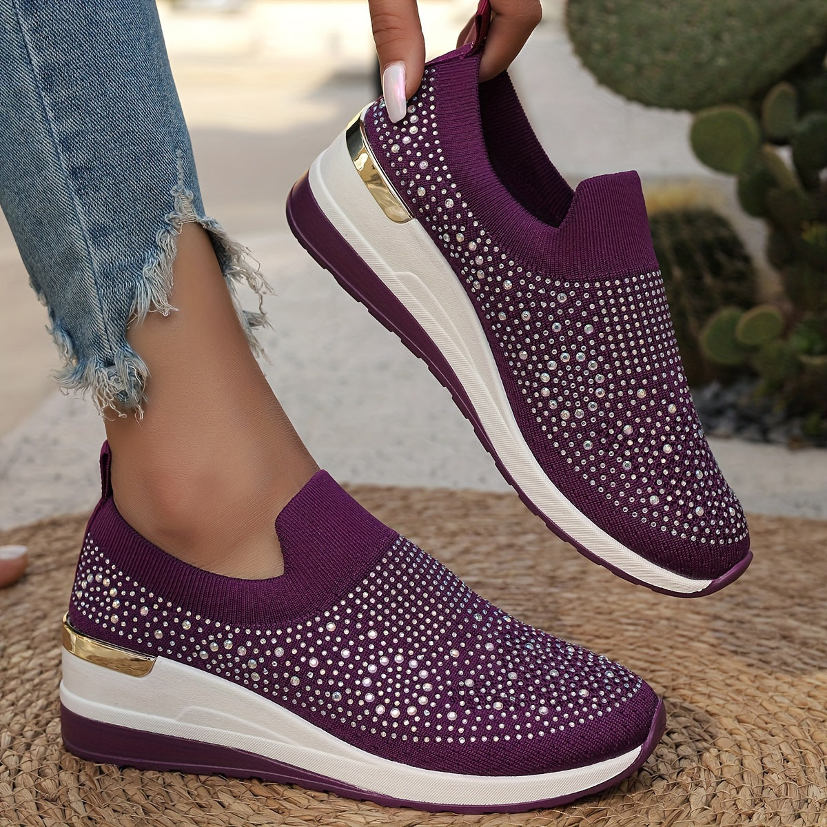 Women's Rhinestone Decor Platform Sneakers Casual Slip-On Outdoor Shoes
