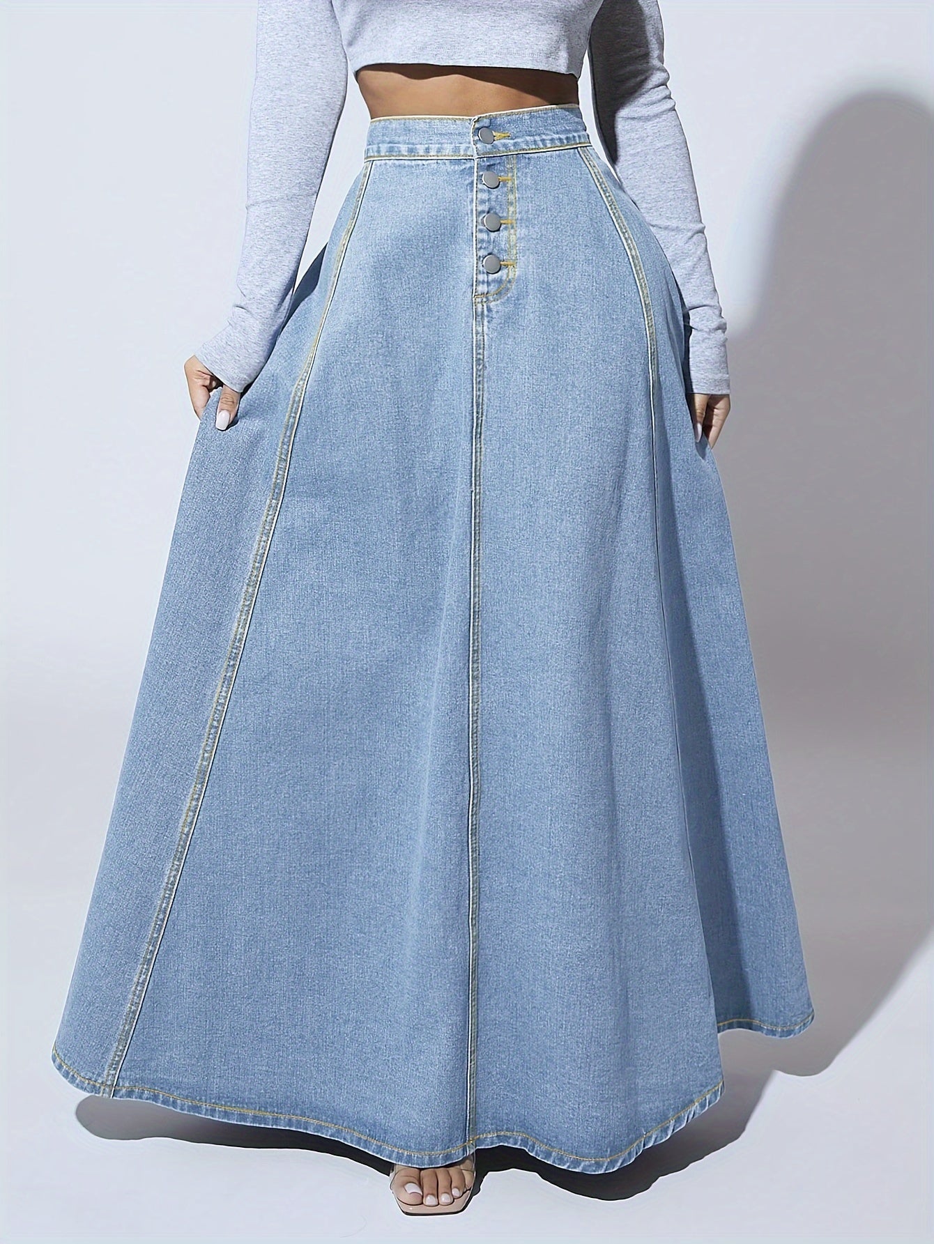 Women's High-Rise Washed Blue Denim Flared Skirt for Tall Individuals