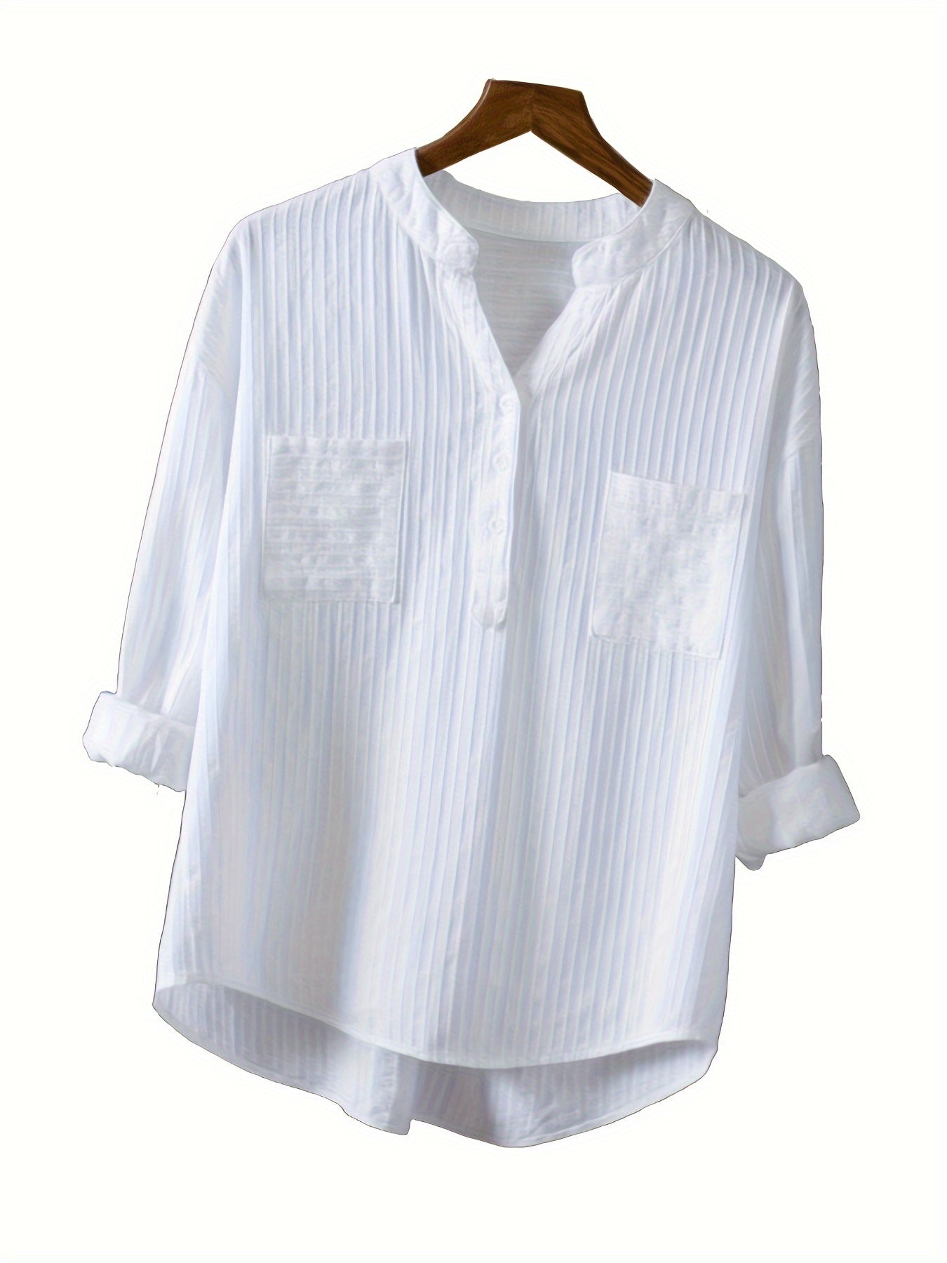 Women's White Linen Blend Shirt with Long Sleeves V-Neck Button Casual