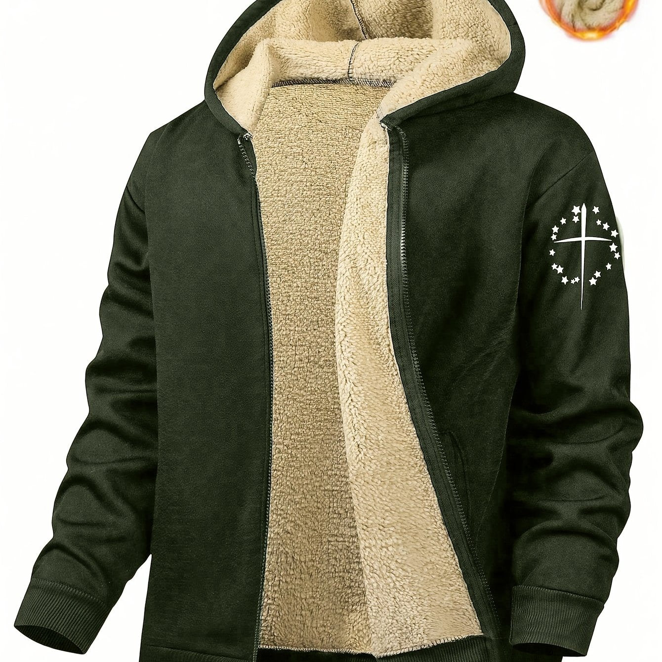 Men's Hooded Jacket with Print Pattern Polyester Knit Fabric Regular Fit Zipper Pockets for Fall Winter