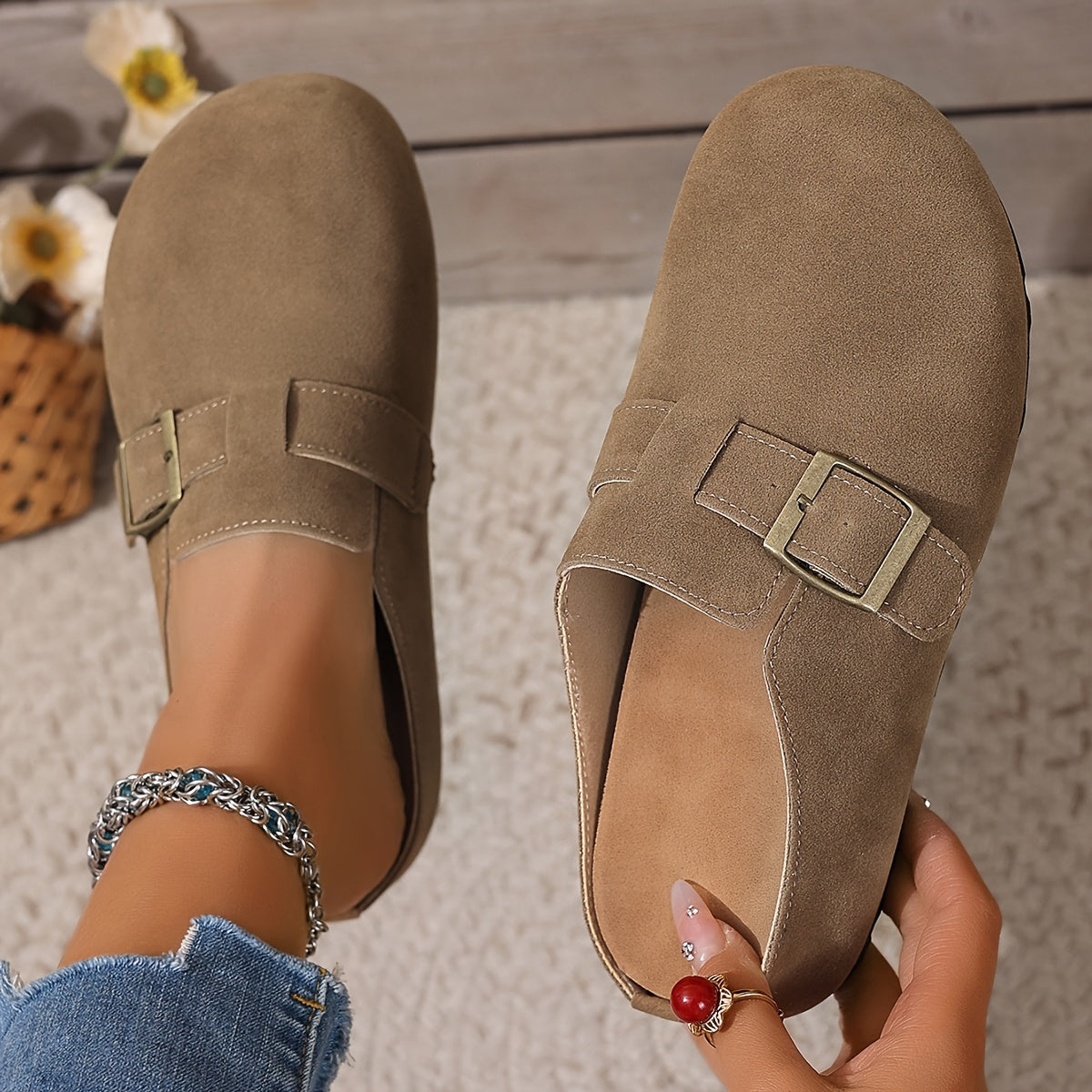 Women's Faux Leather Slip-On Mules Brown Green Buckle Casual Summer Comfort