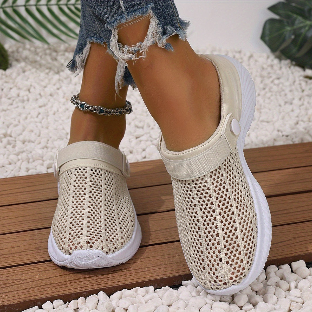 Women's White Breathable Mesh Slip-On Sneakers for Summer Beach Travel