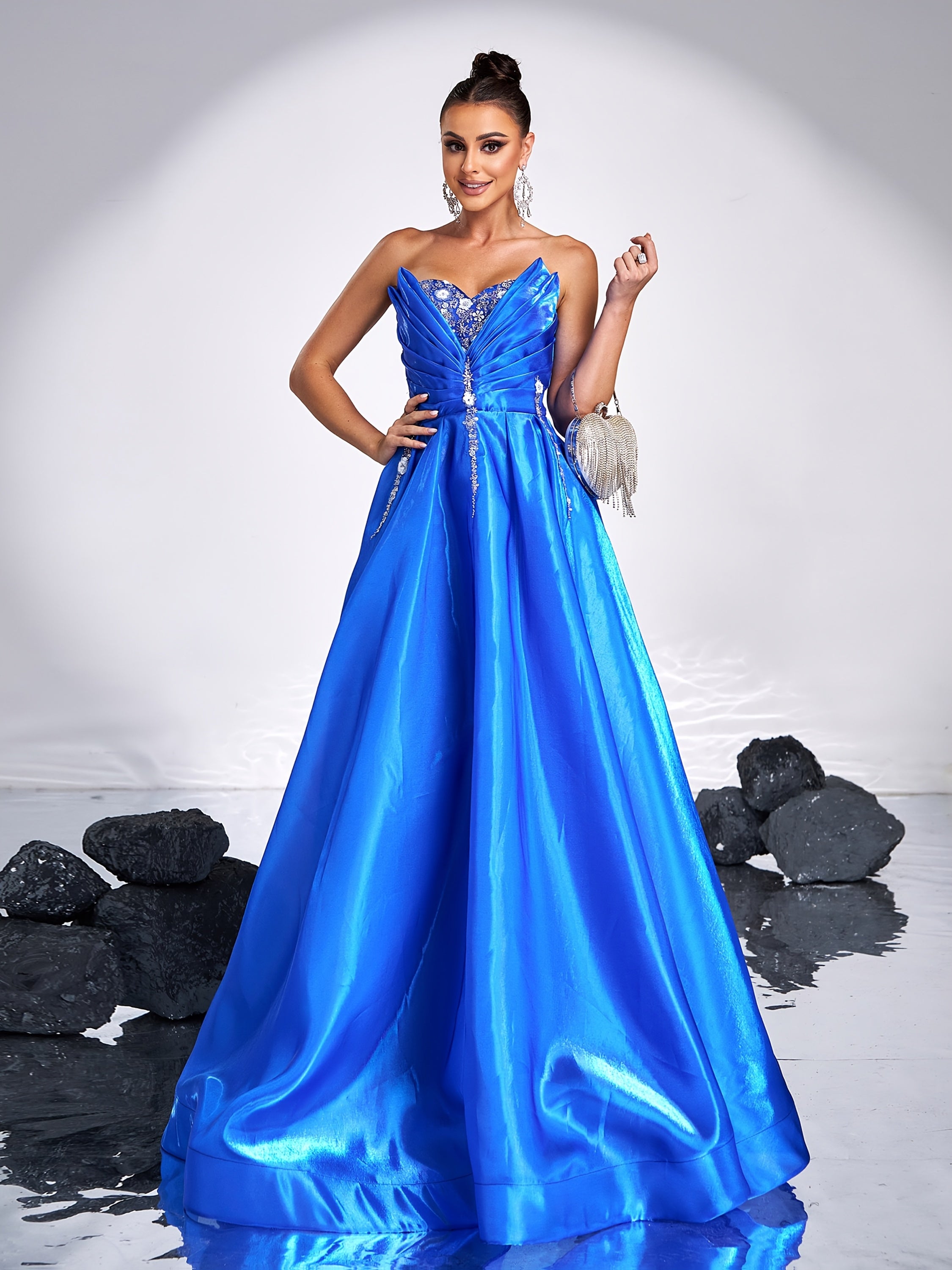 Women's Royal Blue Satin Evening Dress with Rhinestone Details and Backless Design