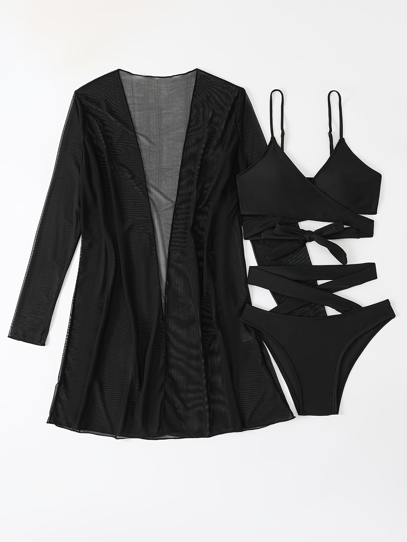 Women's Solid Color High-Waisted Bikini Swimsuit Set with Cover-Up for Sun Protection