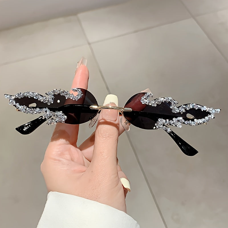 Women's Fire Flame Rimless Sunglasses with Rhinestones for Parties and Clubwear