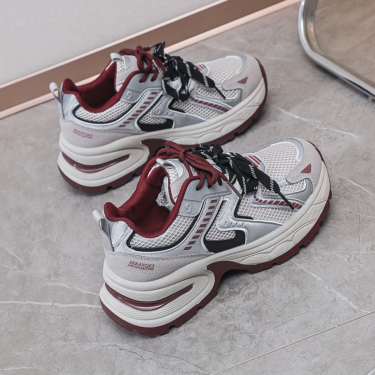 Women's Breathable Mesh PU Cover Low-Top Sneakers Casual Shoes Grey Black