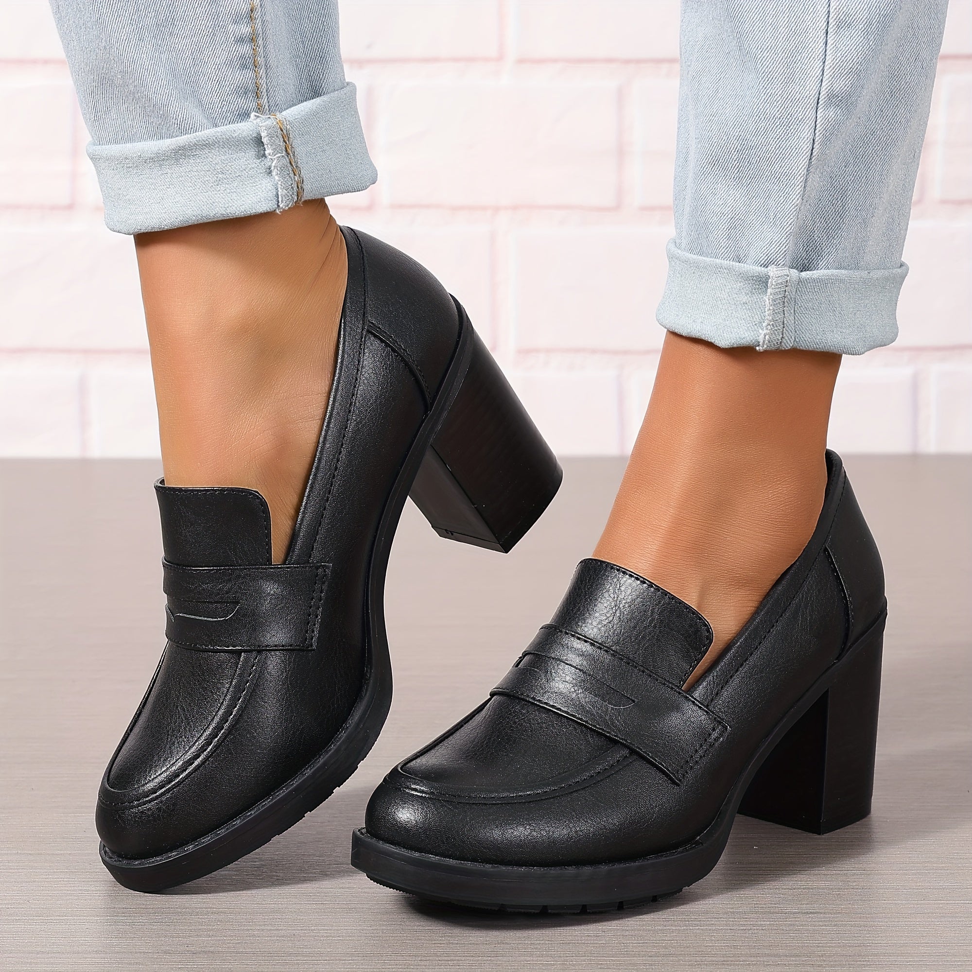 Women Slip-On High Heels Brown Faux Cover Round Toe Block Heel