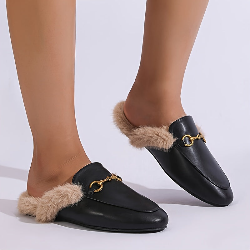 Women's Fluffy Plush Flats with Metallic Buckle Winter Warm Fleece Shoes