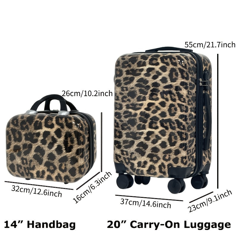 Leopard Print Luggage Set 2-Piece Hard Shell Carry-On and Cosmetic Case Black Durable ABS PC Spinner Locks