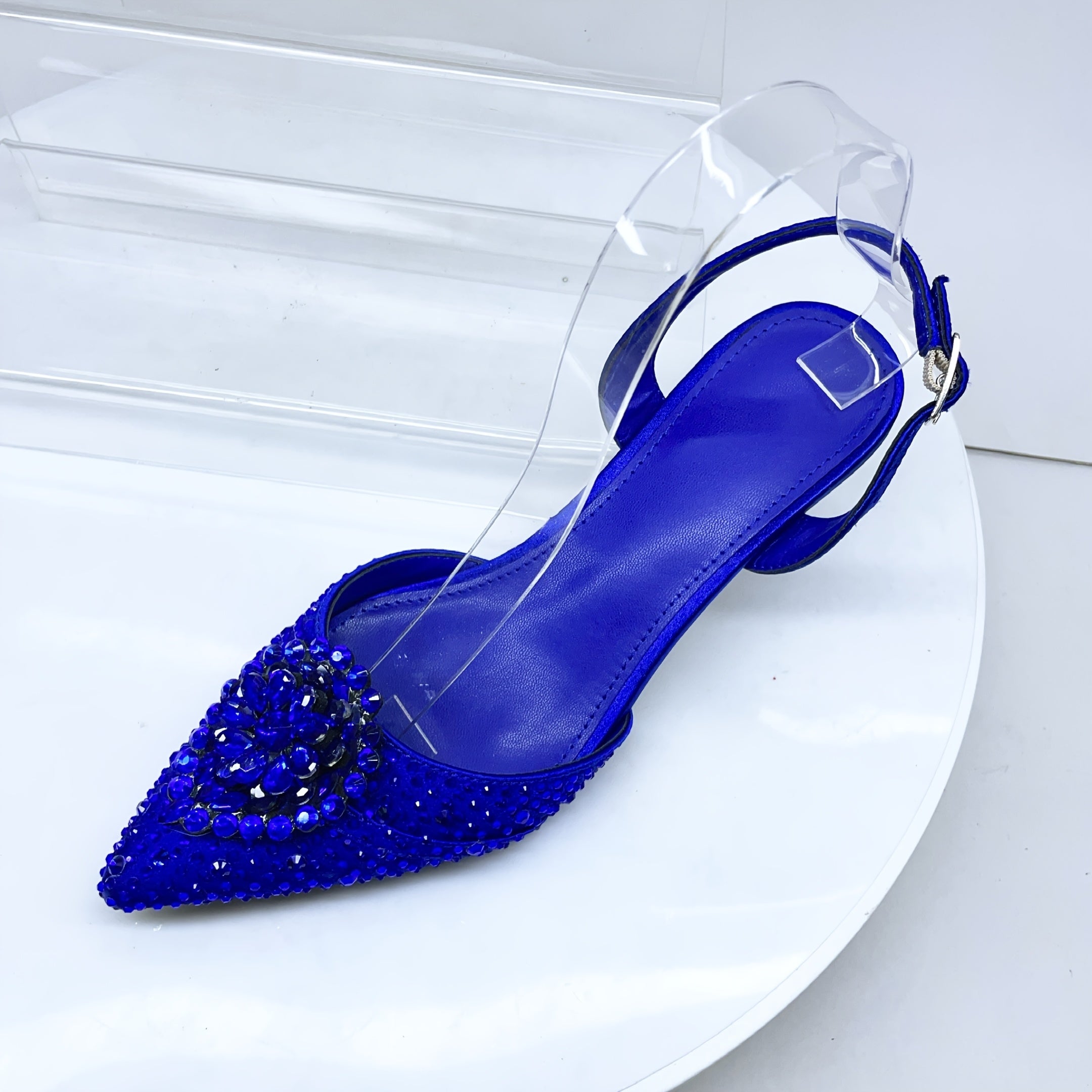 Women Purple Pointed Toe Flare Heel Shoes with Rhinestones for Weddings