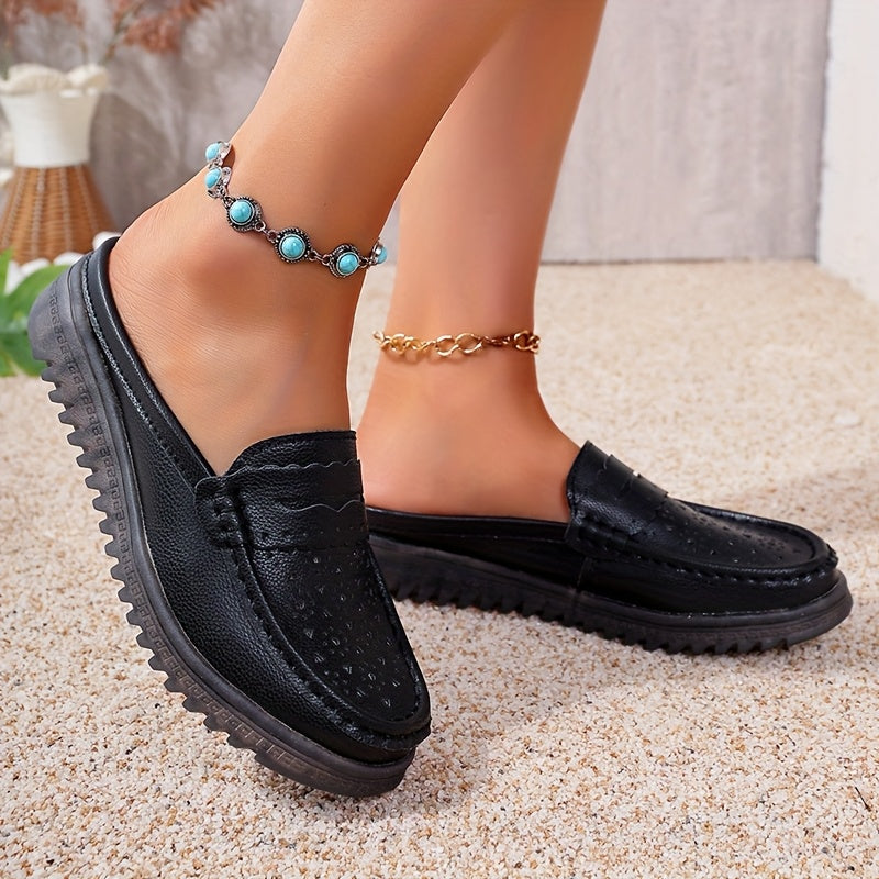 Women’s Solid Color Mules Flat Slip-On Shoes Perforated Non-Slip Casual