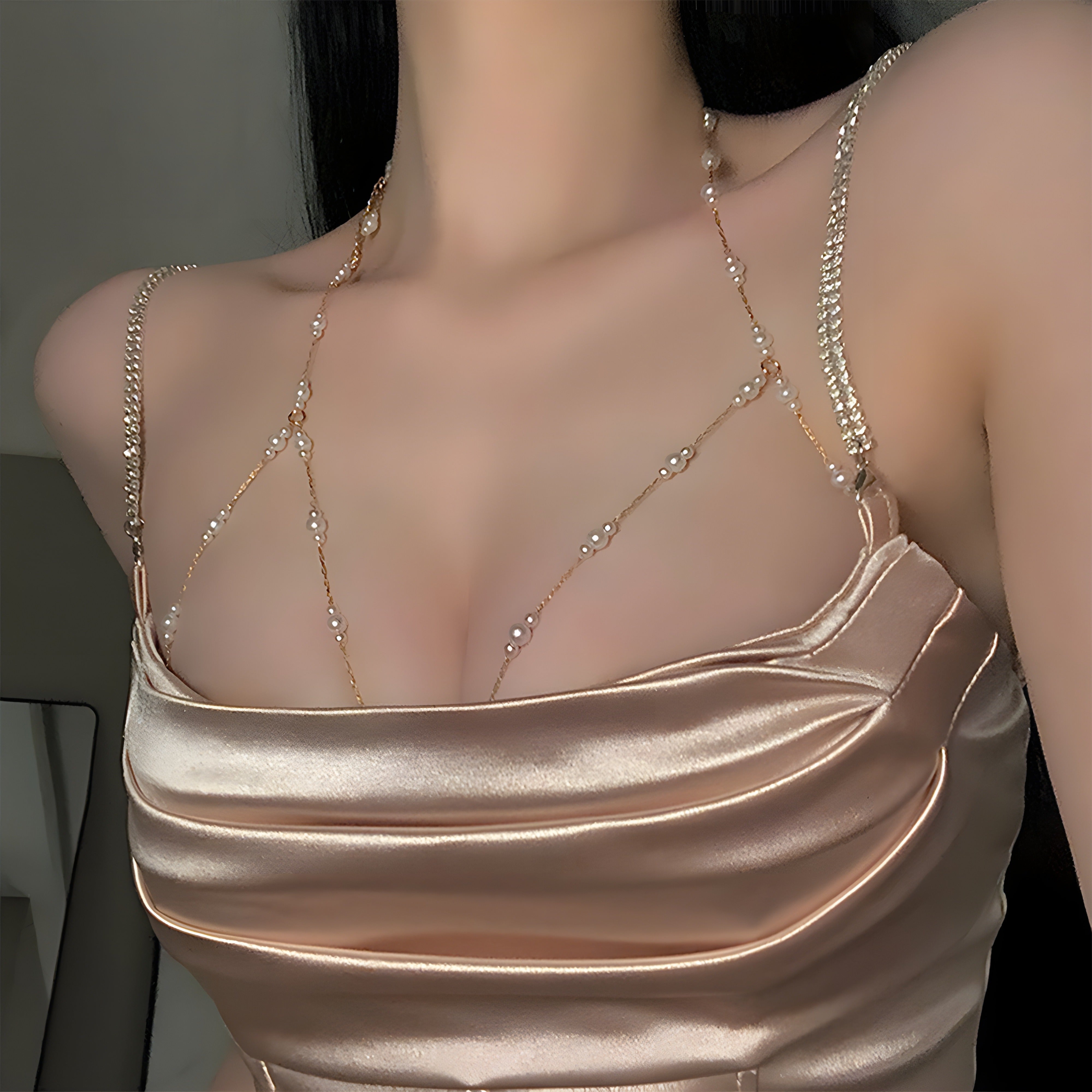 Women's Body Chain with Gold Imitation Pearls for Party and Night Out