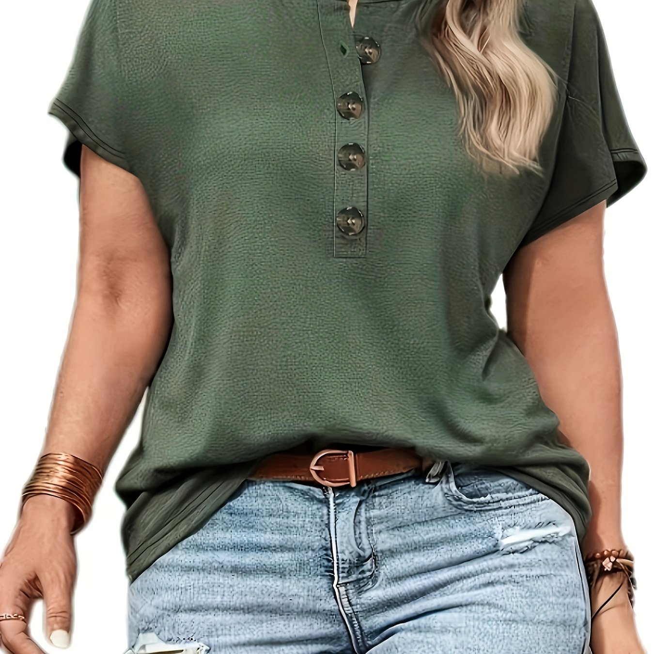 Women’s V-Neck Short Sleeve T-Shirt Solid Green Lightweight Polyester Casual