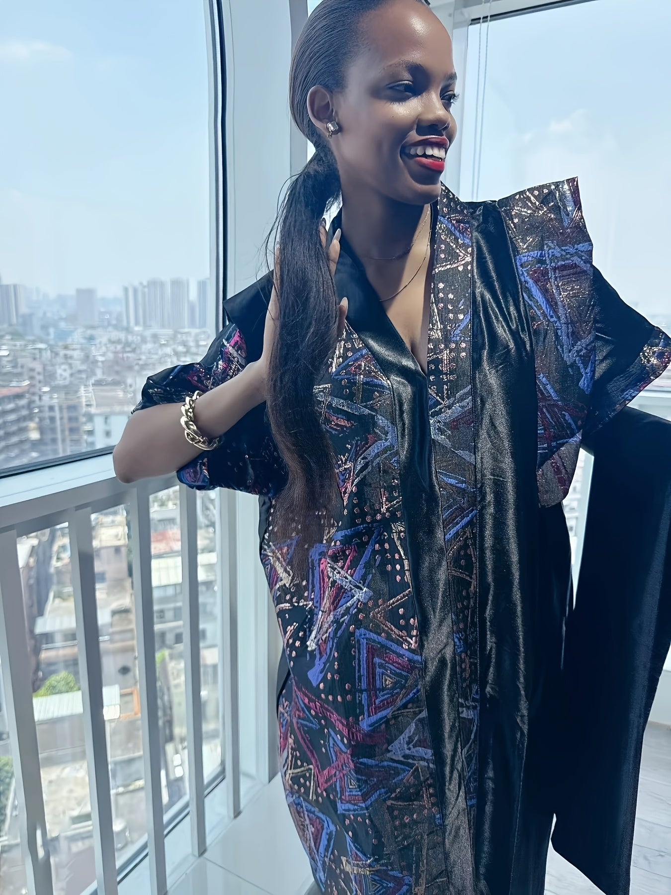 Plus Size V-Neck Jacquard Robe Traditional African Style All Seasons