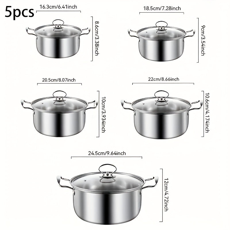 Set of 5 Stainless Steel Stock Pots with Lids, Double Handles, Large Capacity