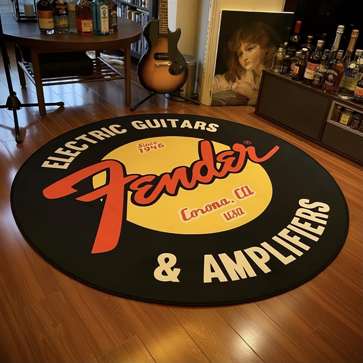 Black Plush Carpet with Guitar Music Print, Non-Slip, 1cm Thick Area Rug