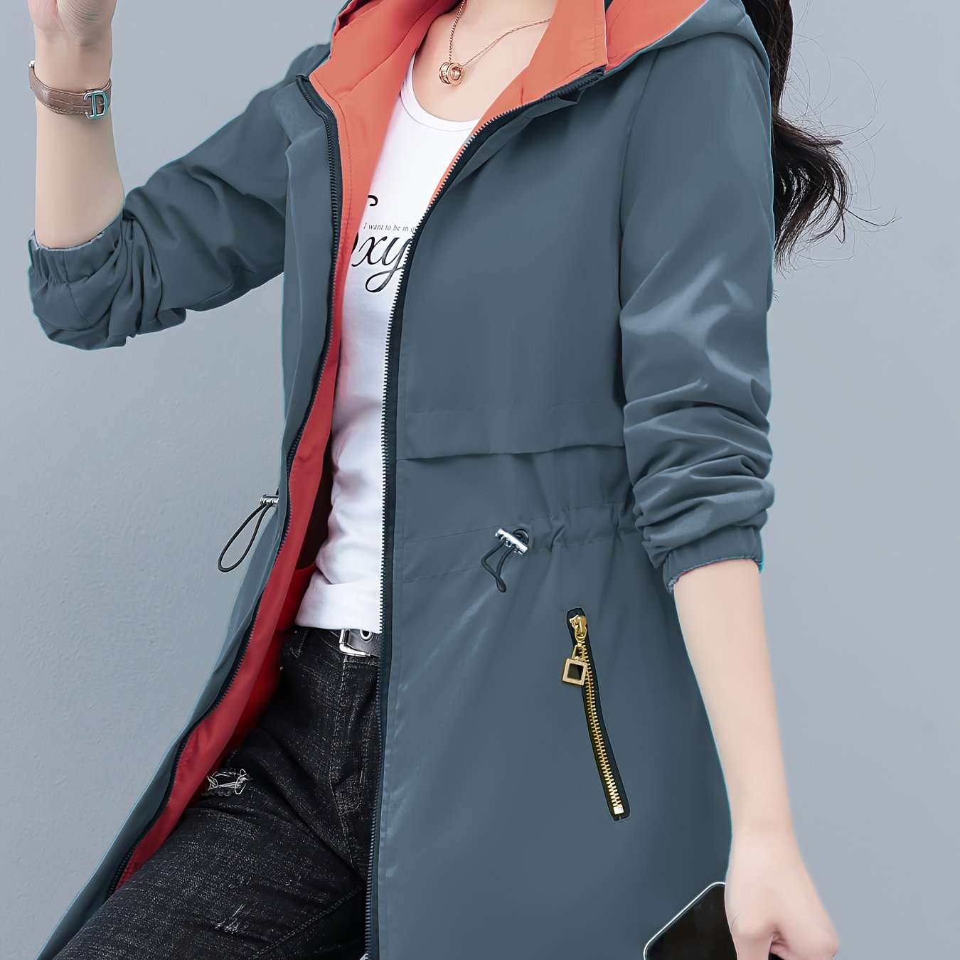 Women's Polyester Long Sleeve Hooded Windbreaker Jacket with Drawstring Waist for Spring and Fall