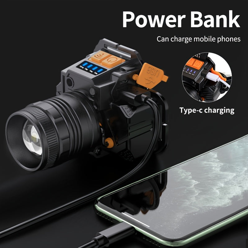 Qayta zaryadlanadigan LED bosh lampasi, aqlli sezgi, 3 rejim, zoomable, USB zaryadlash - Tashqi faoliyatlar uchun ajoyib - Type-C mos, favqulodda bosh chirog'i|Aylanadigan bosh chirog'i|Zamonaviy Dizayn
