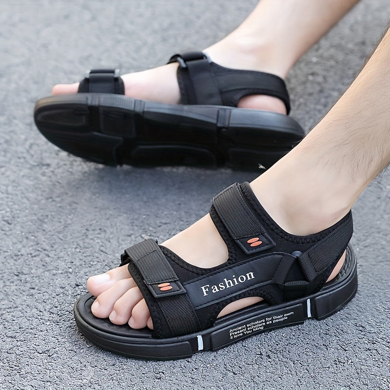 Men's Non-Slip Summer Sandals Fabric Beach Shoes with Hook-and-Loop Fastener Rubber Sole Black and Orange
