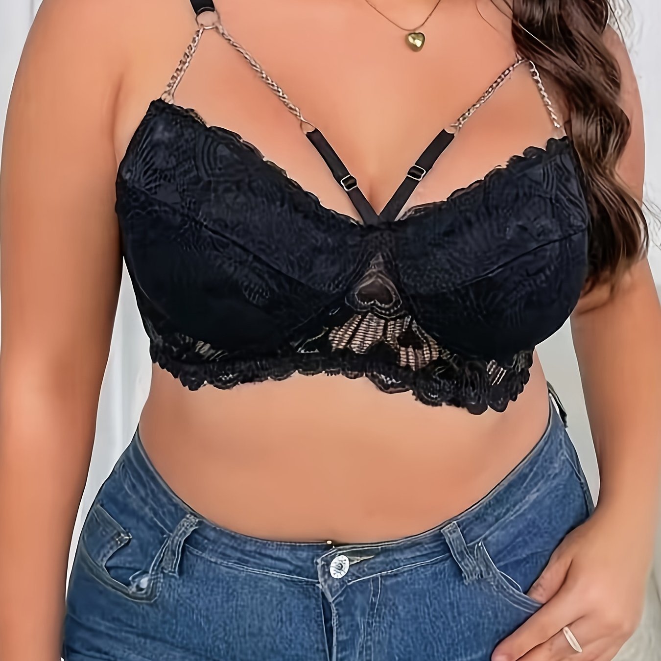Women's Plus Size Floral Lace Cut Out Strappy Bra with Chain Detail