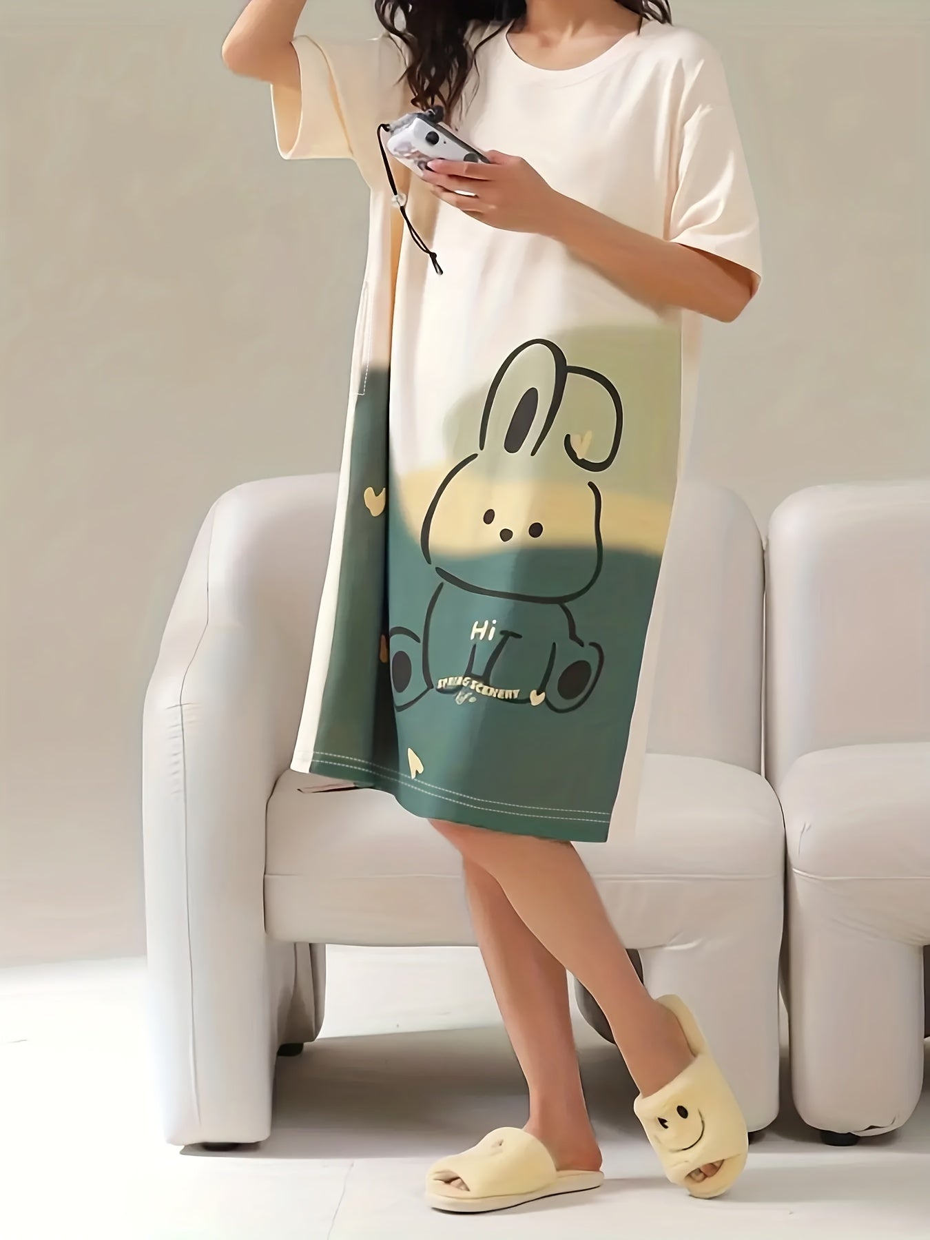 Women's Casual Nightdress with Cartoon Bear Print Short Sleeves Mid-Length Polyester Blend