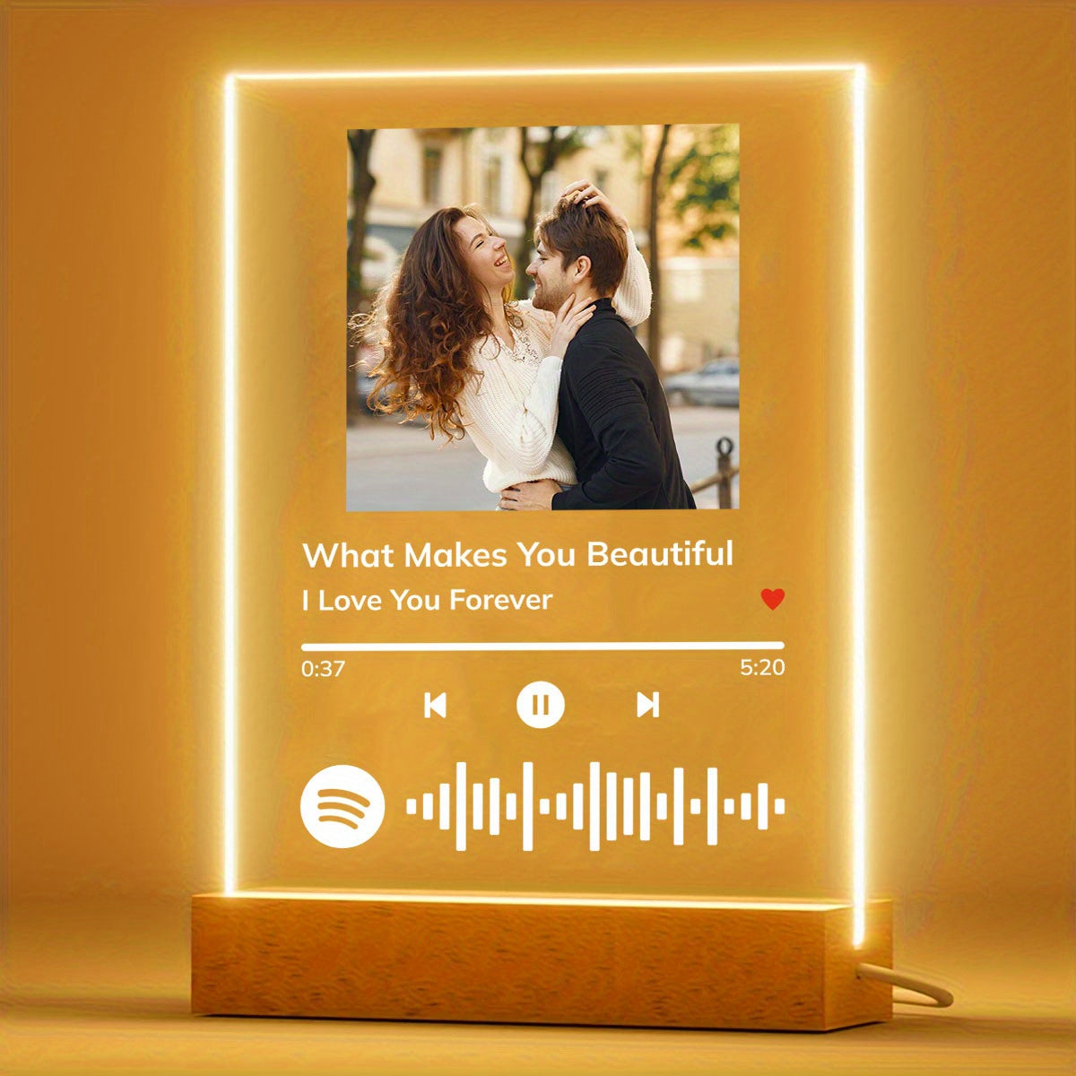 Custom Acrylic Night Light with Photo and Song Frame on USB-Powered Wooden Base