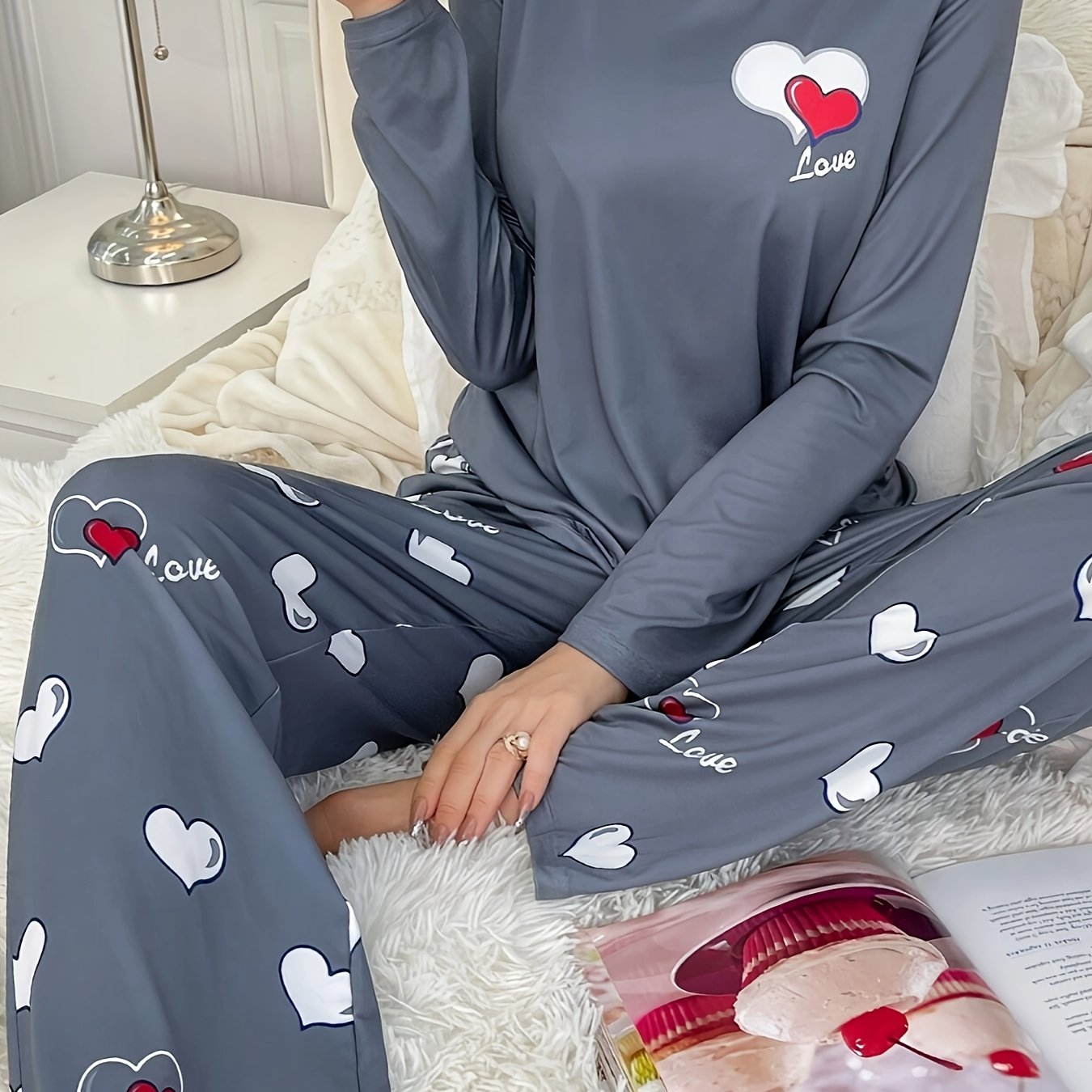 Plus Size Women's Casual Heart Print Long Sleeve Pantsuit