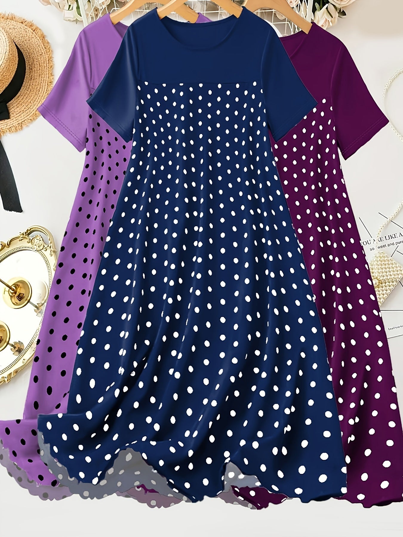 Plus Size Polka Dot Night Dresses 3 Pack Cotton-Polyester Lounge Wear
