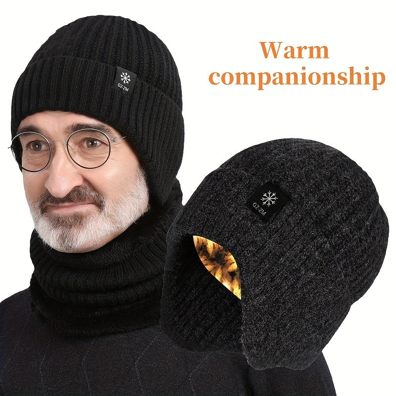 Men's Winter Beanie with Ear Flaps Fleece-Lined Hat for Cold Weather Black Gray