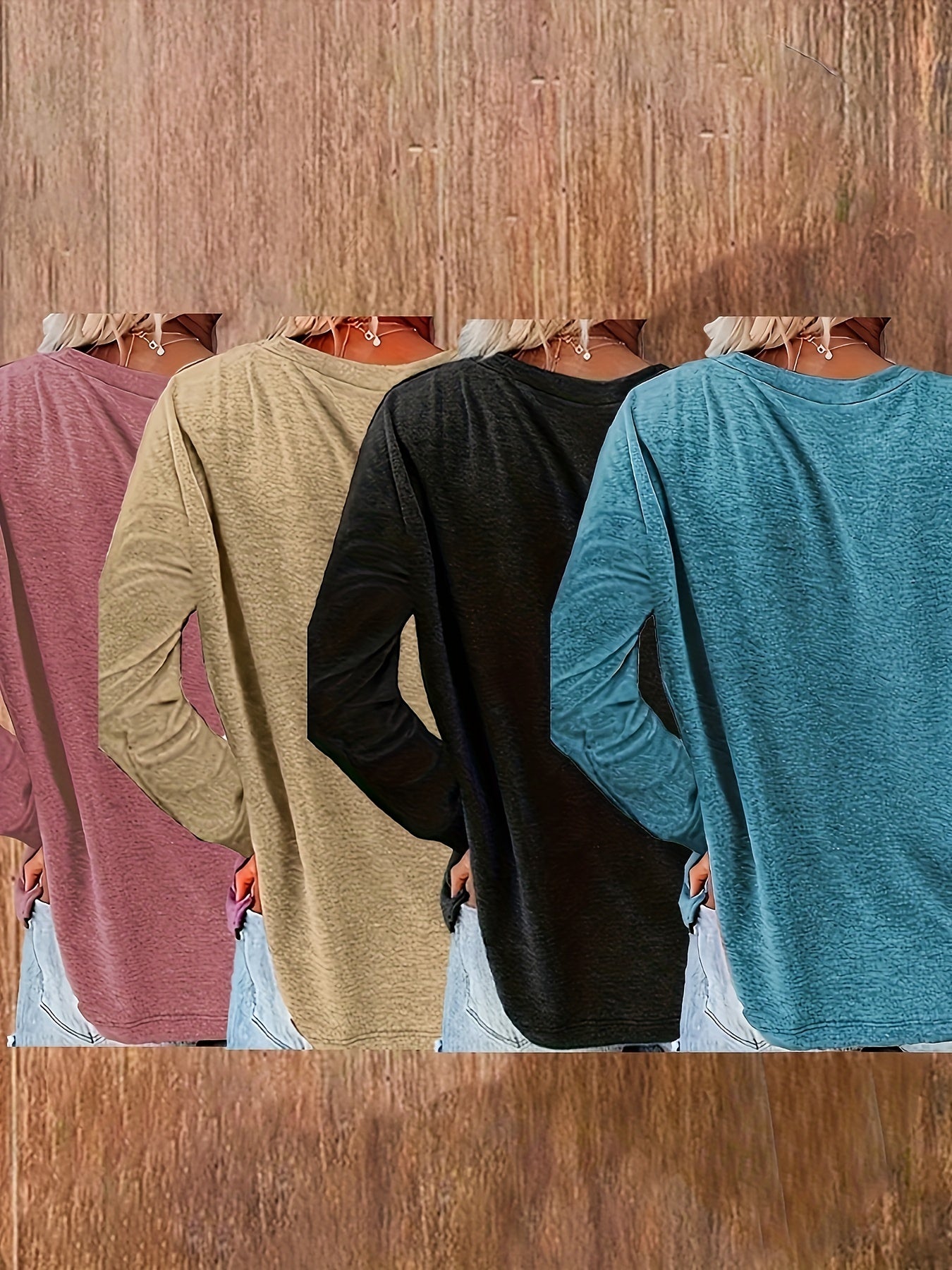 Women’s Long Sleeve Crew Neck Tops 4-Pack, Solid Polyester Rayon, Loose Fit