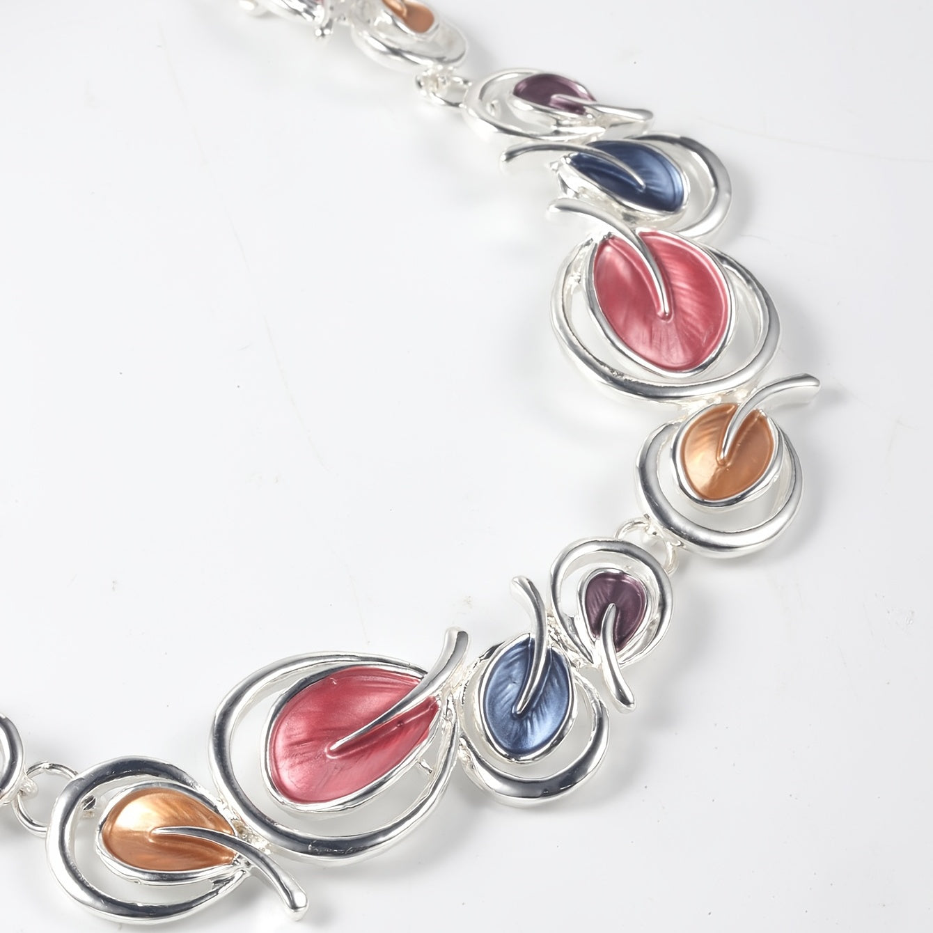 Colorful Women's Choker Necklace and Drop Earrings Set with Tree of Life Leaves Pattern