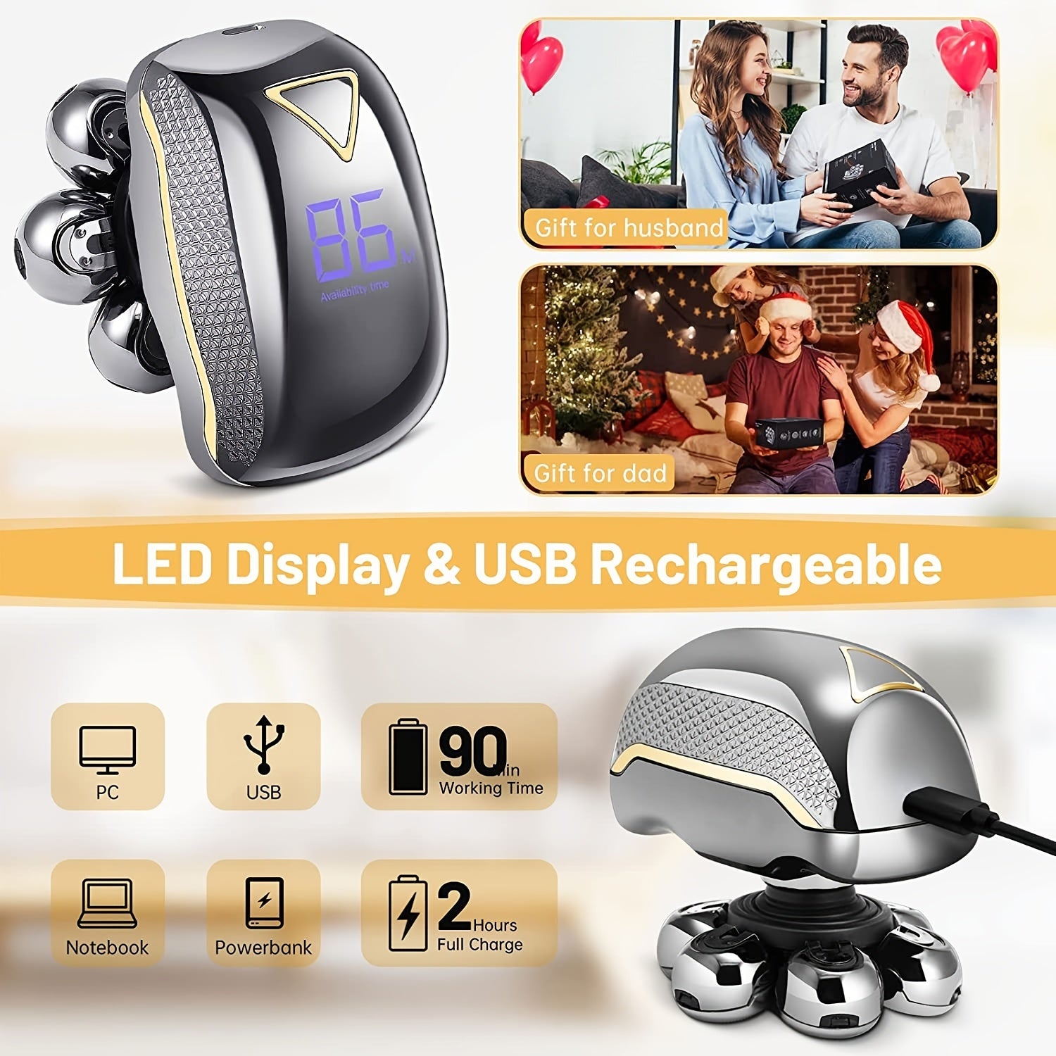 Мужской перезаряжаемый беспроводной электронный головной бритвенный прибор с 7 вращающимися головками, подходит для лысых мужчин.