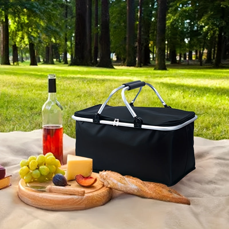 Foldable Insulated Picnic Bag with Handle for Outdoor Travel Black Nylon