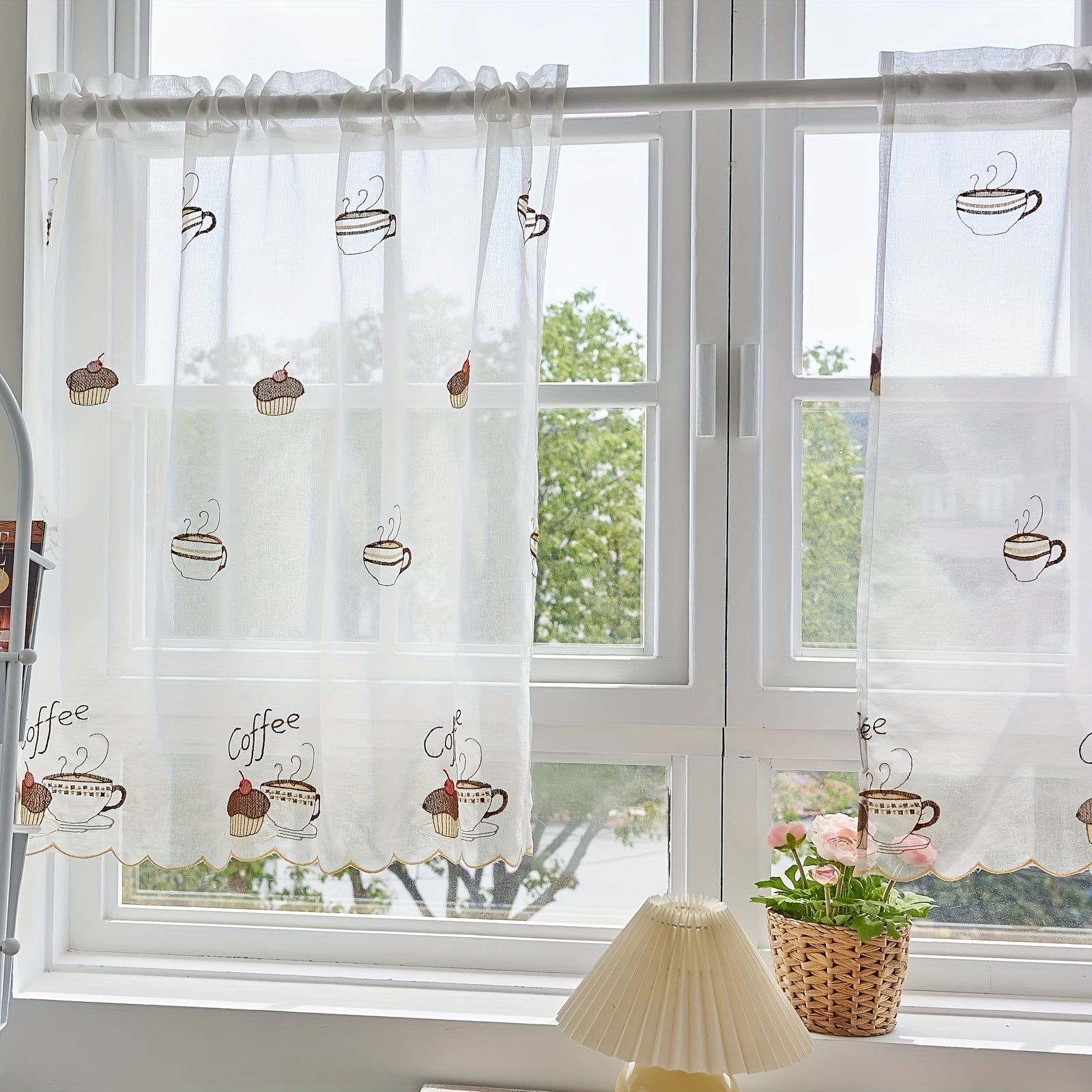 White Sheer Embroidered Cafe Curtain with Rod Pocket for Kitchen and Living Room
