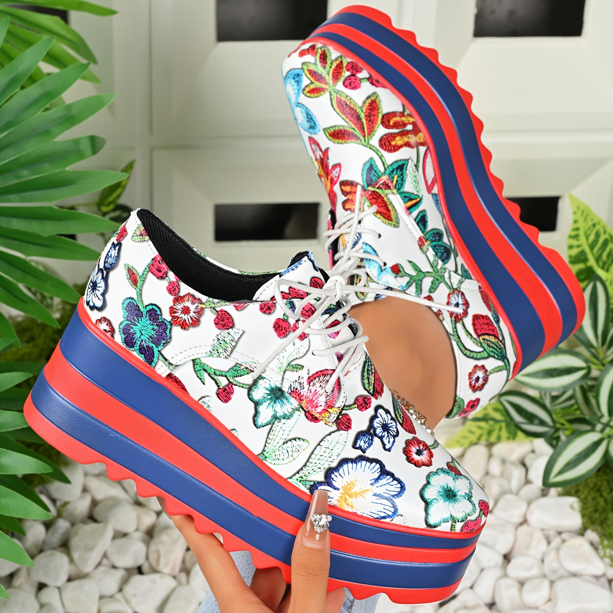 Women's Floral Lace-Up Shoes Synthetic Cover Thick Platform Sole All-Season Comfortable