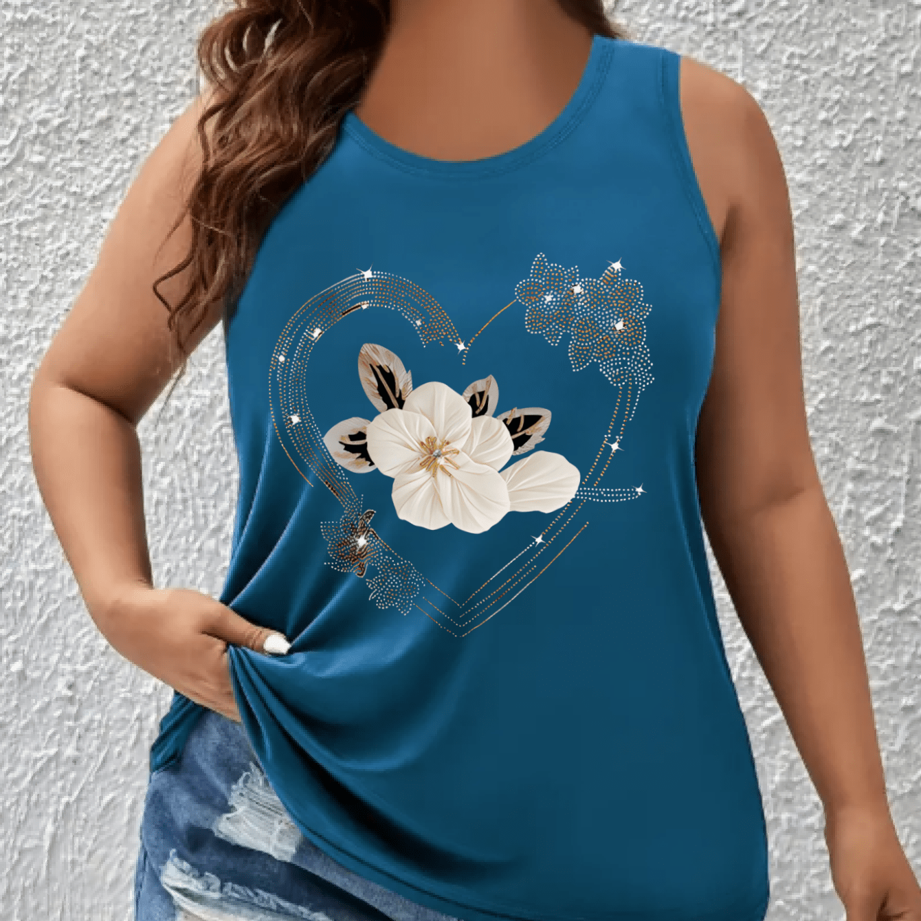 Women's Plus Size Sleeveless Tank Top Breathable Summer White Gold Floral