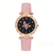 Pink Butterfly Quartz Watch Set with Jewelry Accessories for Women 6-Piece